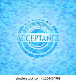 Acceptance sky blue emblem with triangle mosaic background
