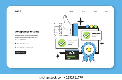 Acceptance testing level web banner or landing page. Software testing methodology. IT specialist searching for bugs in code. Website and application development. Flat vector illustration