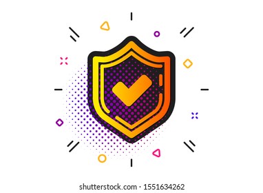 Signo aceptado o aprobado. Patrón de círculos de semitonos. Icono de marca de verificación. Símbolo protector de marca. Icono de confirmación plano clásico. Vector