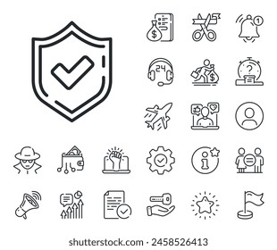 Accepted or Approve sign. Salaryman, gender equality and alert bell outline icons. Check mark line icon. Tick shield symbol. Confirmed line sign. Spy or profile placeholder icon. Vector