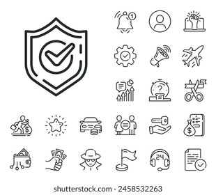 Accepted or Approve sign. Salaryman, gender equality and alert bell outline icons. Check mark line icon. Tick shield symbol. Confirmed line sign. Spy or profile placeholder icon. Vector