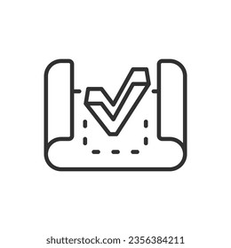 Proyecto aceptado, confirmado, icono lineal. Diseño y marca de verificación. Dibujo de ingeniería. Línea con trazo editable