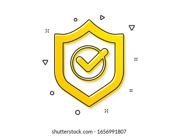  Signo aceptado o confirmado. Icono de escudo aprobado. Símbolo de protección. Patrón de círculos amarillos. Icono de escudo aprobado clásico. Elementos geométricos. Vector
