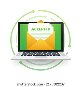 Accepted email. College accept. Recruitment job success. Vector stock illustration.