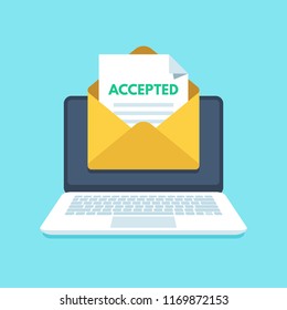 Accepted email in envelope. College accept, acceptance success or university admission receiving agree letter. Mail recruitment job success in laptop inbox flat vector illustration