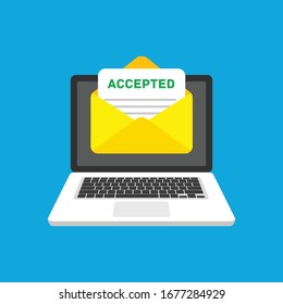 Accepted email in envelope. Laptop and Envelope with accepted header, subject line. Marketing, internet advertising concepts. Message of College acceptance admission or employment. Vector EPS 10.