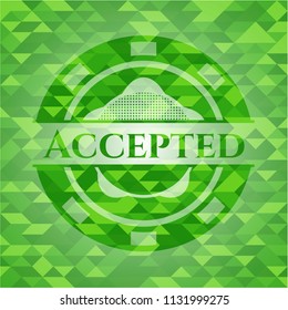 Accepted green emblem. Mosaic background