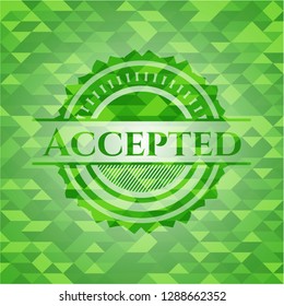 Accepted green emblem with mosaic background