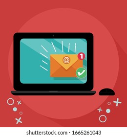 Neue E-Mail angenommen. Laptop mit gelbem Umschlag und Markierungssymbol. E-Mail erhalten Bestätigung Vektorillustration Illustration