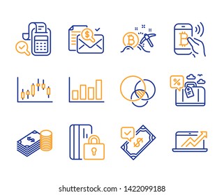 Accepted payment, Bitcoin pay and Accounting report icons simple set. Blocked card, Bitcoin mining and Euler diagram signs. Savings, Candlestick graph and Travel loan symbols. Vector