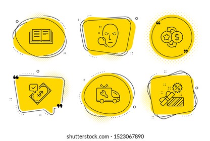 Accepted payment, Education and Sale signs. Chat bubbles. Face search, Loyalty points and Car service line icons set. Find user, Change dollar, Repair service. Bank transfer. Business set. Vector