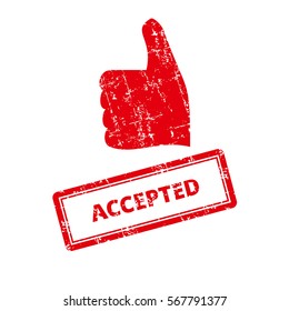 Accepted Rubber Stamp with red thumbs up icon. Grungy look. Isolated on white Background.