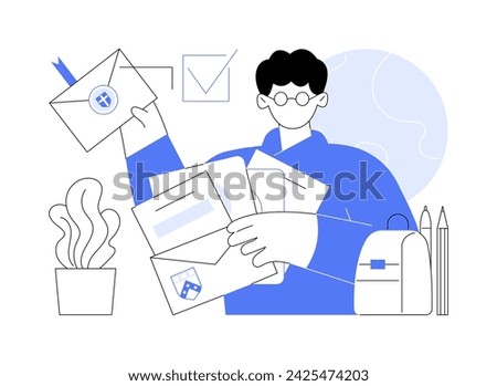 Accepted to several colleges isolated cartoon vector illustrations. Nerdy student wearing glasses, having a lot of college acceptance letters, making choice, admission process vector cartoon.