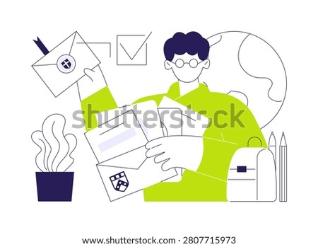 Accepted to several colleges isolated cartoon vector illustrations. Nerdy student wearing glasses, having a lot of college acceptance letters, making choice, admission process vector cartoon.