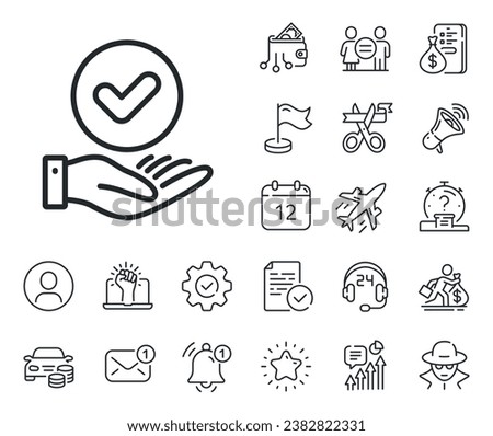 Accepted sign. Salaryman, gender equality and alert bell outline icons. Approved checkbox line icon. Confirmed symbol. Approved checkbox line sign. Spy or profile placeholder icon. Vector