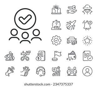 Accepted team sign. Salaryman, gender equality and alert bell outline icons. Approved group line icon. Human resources symbol. Approved group line sign. Spy or profile placeholder icon. Vector