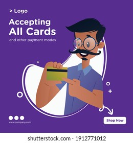 Accepting all cards banner design. Tailor is showing atm card. Vector graphic illustration.