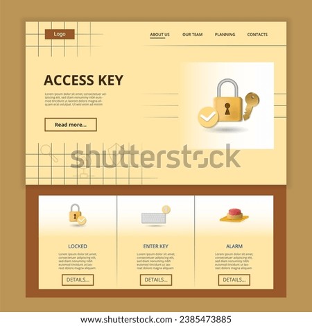 Acces key flat landing page website template. Locked, enter key, alarm. Web banner with header, content and footer. Vector illustration.