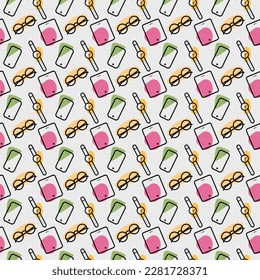 Accesories cute seamless pattern. Glasses, phone, tablet, gadget. Pastel bright background for textile, fabric, decorative paper. Cartoon vector illustration