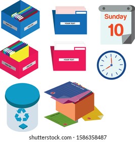 ACCESORIES OFFICE SET BOX, DUMP, CALENDER, CLOCK, ARCHIEVES VECTOR