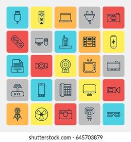 Accesory Icons Set. Collection Of Notebook, Speaker, Gadget And Other Elements. Also Includes Symbols Such As Security, Television, Monitor.