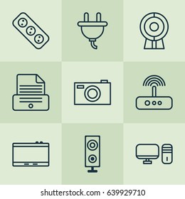 Accesory Icons Set. Collection Of Print Device, Speaker, Web Discussing And Other Elements. Also Includes Symbols Such As Photocopy, Socket, Device.