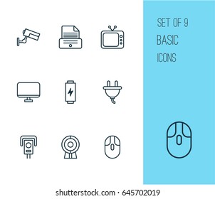 Accesory Icons Set. Collection Of Socket, Charge, Television And Other Elements. Also Includes Symbols Such As Electrical, Photocopy, Screen.