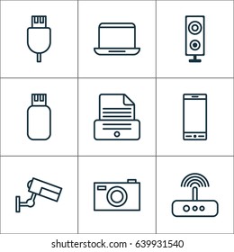 Accesory Icons Set. Collection Of Speaker, Digital Camera, Universal Serial Bus And Other Elements. Also Includes Symbols Such As Computer, Phone, Laptop.