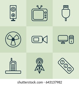 Accesory Icons Set. Collection Of Universal Serial Bus, Wireless Router, Personal Computer And Other Elements. Also Includes Symbols Such As Television, Rotor, PC.