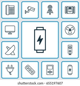 Accesory Icons Set. Collection Of Wireless Router, Player, Charge And Other Elements. Also Includes Symbols Such As Monitor, Ventilator, Extension.