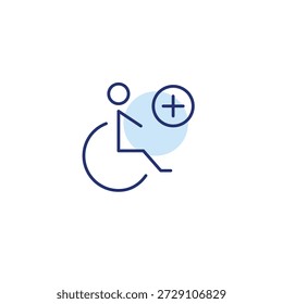 Zugang hinzugefügt, Mobilitätshilfe und Inklusivität. Rollstuhlfahrer und Plus. Pixel perfekt, bearbeitbares Strichvektorsymbol