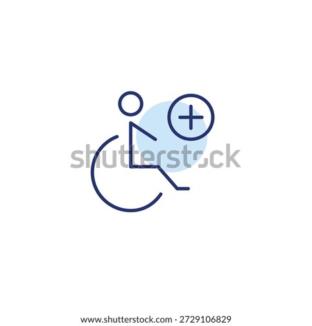 Access added, mobility assist and inclusivity. Wheelchair user and plus. Pixel perfect, editable stroke vector icon