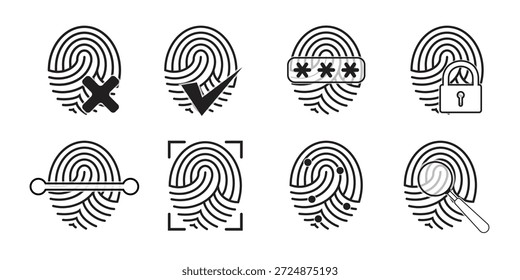 Icono de esquema del Inicio de sesión de autenticación de acceso. Iconos biométricos y de Identificación: pasaporte, huella dactilar, reconocimiento, seguridad. Icono de pantalla de bloqueo de patrón de dedo de mano. Desbloquee la interfaz del App de teléfono móvil de acceso digital de seguridad. Icono de flujo de seguridad de autenticación de verificación de dispositivos de confirmación de iconos de confianza digitales. Ilustración vectorial