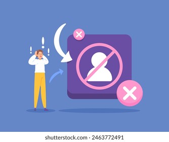 access blocked. banned users. do not have login permission. Can't log in to account. prevention and security. illustration of a man prohibited from registering an account. illustration concept design