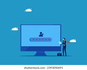 Access to business information. Businessman holds laptop to unlock