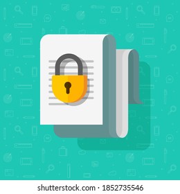 Access closed or locked for document file vector flat cartoon icon, permission concept, confidential info text doc, paper sheet page protected with padlock, idea of data protection or private info 