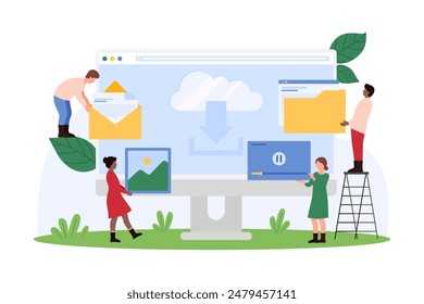 Access to cloud service, database. Tiny people holding icons of multimedia files, document in folder and email to connect and upload to cloud storage on computer screen cartoon vector illustration