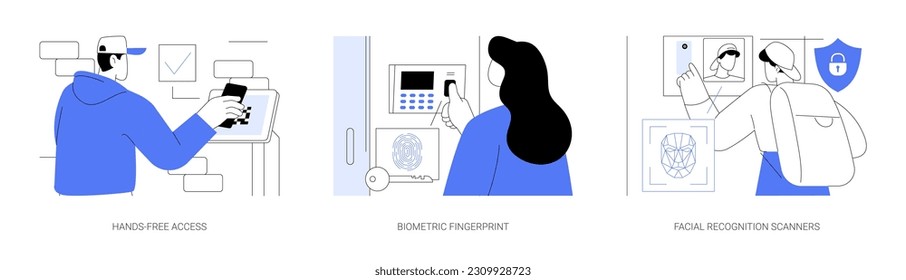 Access control abstract concept vector illustration set. Man uses smartphone-based wireless authentication process, biometric fingerprint, facial recognition scanners, security abstract metaphor.