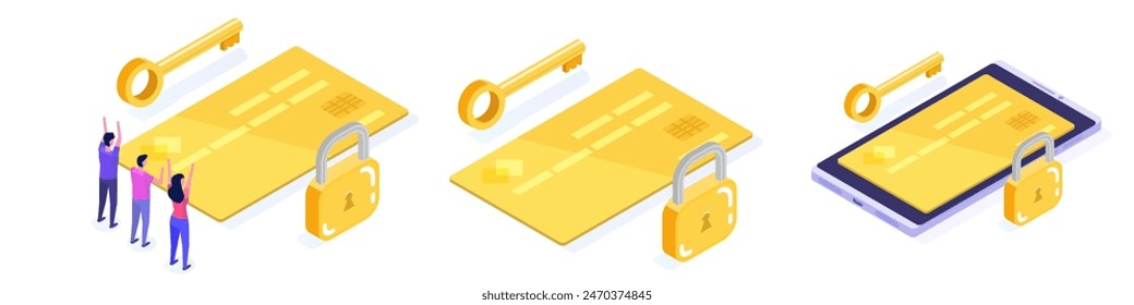 Access control card, credit key concept set. Vector illustration.