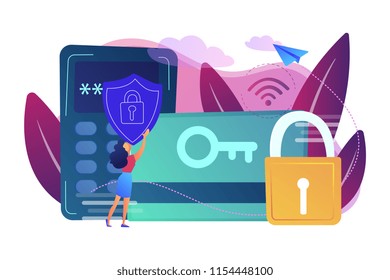 Access control card with key and lock and woman with protection shield. Electronic opening system, security system, automatic access card concept, violet palette. Vector isolated illustration.