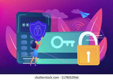 Access control card with key and lock and woman with protection shield. Electronic opening system, security system, automatic access card concept, violet palette. Vector isolated illustration.