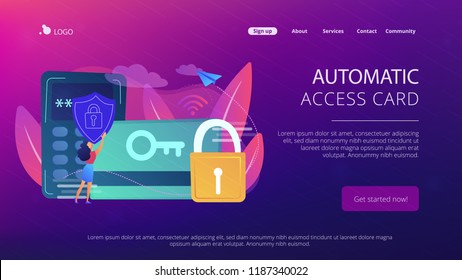 Access control card with key and lock and woman with protection shield. Electronic opening system, security system, automatic access card concept, violet palette. Website landing web page template.