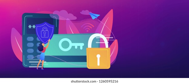 Access control card with key and lock and woman with protection shield. Electronic opening system, security system, automatic access card concept, violet palette. Header or footer banner template.
