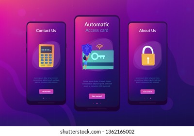 Access control card with key and lock and woman with protection shield. Electronic opening system, security system, automatic access card concept, violet palette. UI UX GUI app interface template.