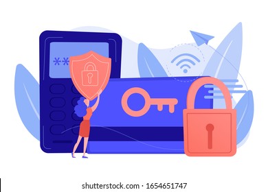 Access control card with key and lock and woman with protection shield. Electronic opening system, security system, automatic access card concept. Vector isolated illustration.