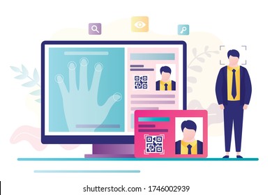 Сoncept of access control, fingerprint scanner. Online passport and biometric identifier. Personal data and fingerprints on computer screen. Protection of personal information.Flat vector illustration