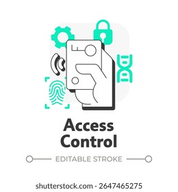 Ícone de conceito de estrutura de tópicos simples de controle de acesso. Componente do sistema de segurança física. Instalação entra na gestão de saída. Ilustração de linha moderna com glifos verdes. Visual conceitual. Fácil de editar