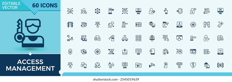 Ícone Controle de acesso definido. Inclui sistema de linha fina, definição, propriedade, criptografia, gerenciamento, informações, digital. Ícones de estilo linear fino. Ilustração vetorial.