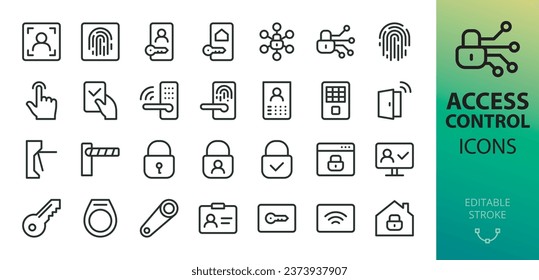 Access control isolated icons set. Set of face id, biometric identification system, smart electronic lock, keypad door, turnstile, barrier, magnetic key, mobile app authentication vector icon