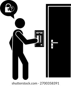 Ícone de Problema de Controle de Acesso, Usuário Tentando Abrir Porta Bloqueada com Placa